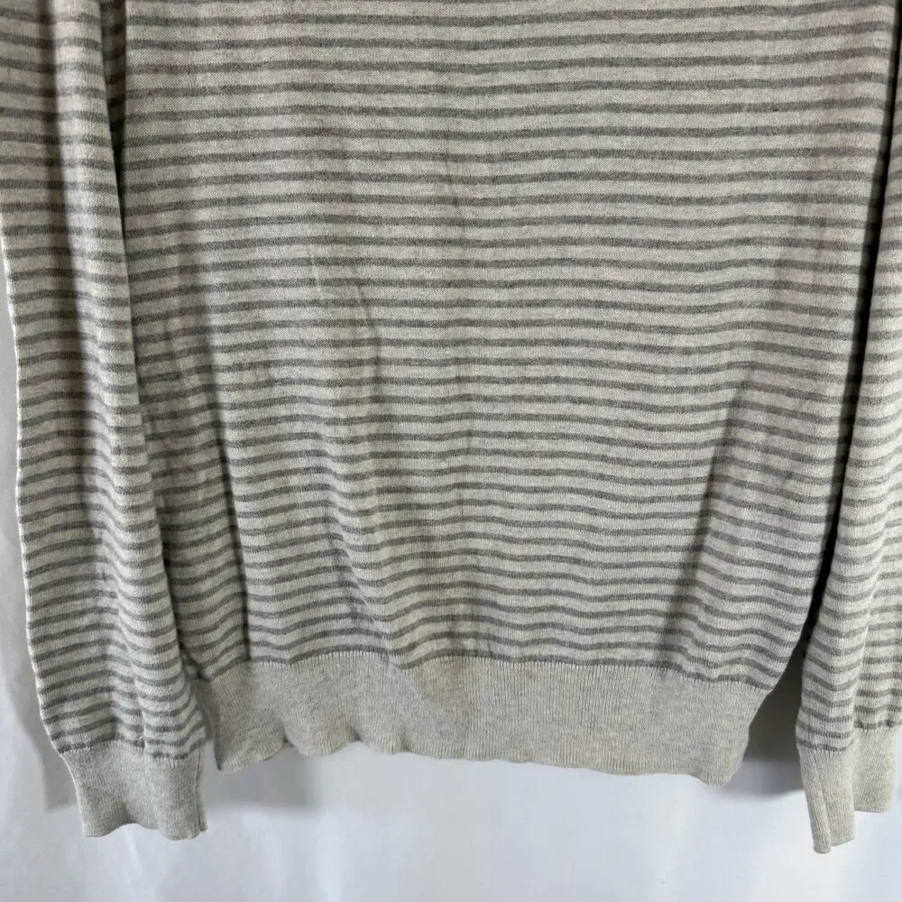 J Crew Harbor Cotton Sweater Men's Large Slim Fit Grey White Striped Crewneck